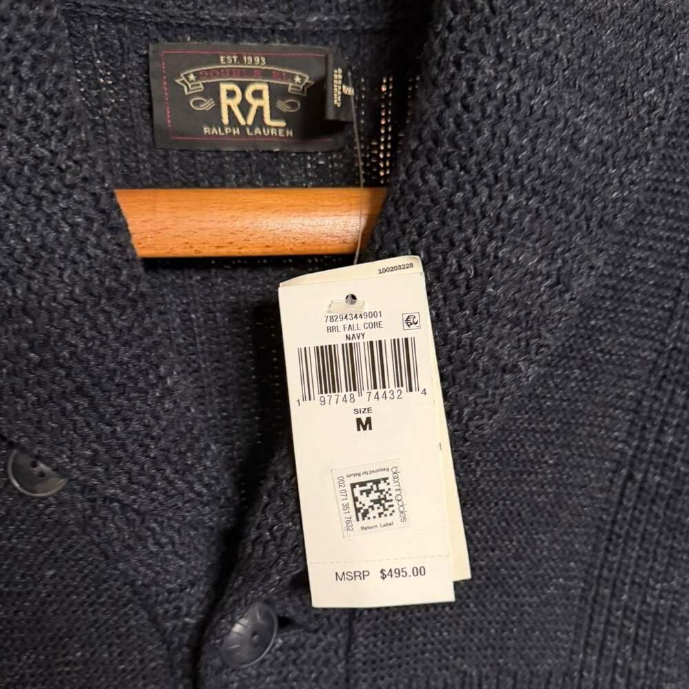 NWT RRL Ralph Lauren Navy Rib-Knit Cotton Shawl Collar Cardigan - Picture 2 of 5